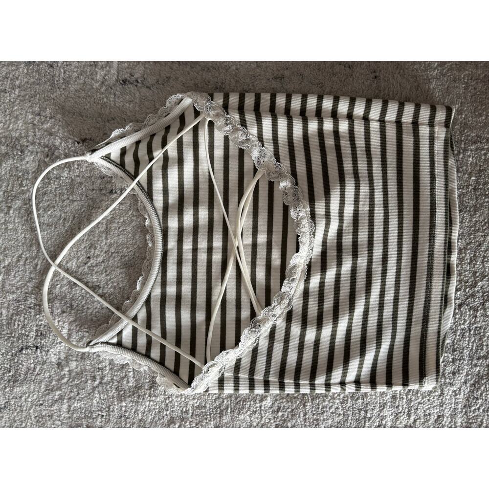 American Eagle Lace Trim Striped Cami Tank Top XS Olive Ivory Y2K Cottagecore - Picture 7 of 9